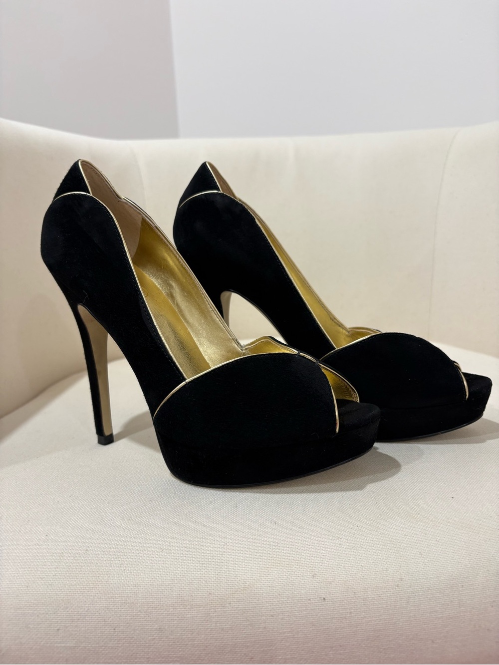 Ivanka Trump Black Suede Peep-Toe Stiletto Pumps with Gold Trim
